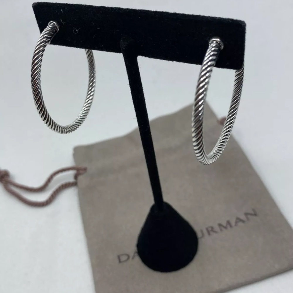 David Yurman Medium Cable Hoop Earrings 1.5" - Picture 9 of 11